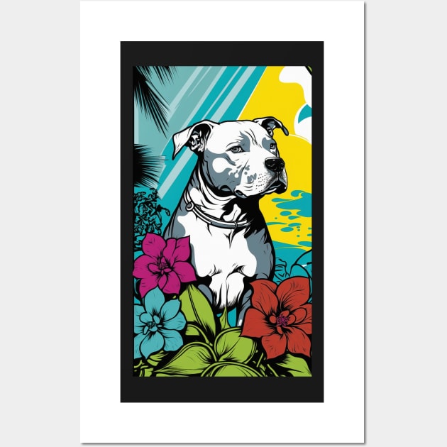 American Staffordshire Terrier PitBull Dog Vibrant Tropical Flower Tall Retro Vintage Digital Pop Art Portrait 7 Wall Art by ArtHouseFlunky